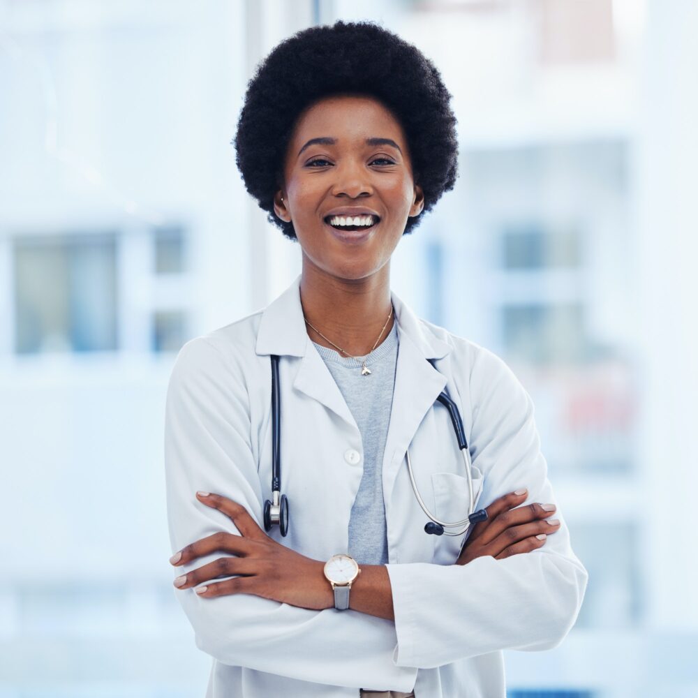 Medical, stethoscope and happy with portrait of doctor for for healthcare, expert or professional.
